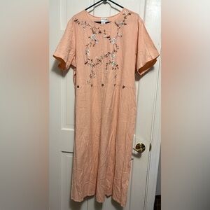 Vintage 90s Florissant New York Floral Embroidered Pink Cotton Linen Dress 2X